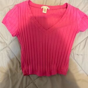 Fuchsia Ribbed V-Neck Crop Top